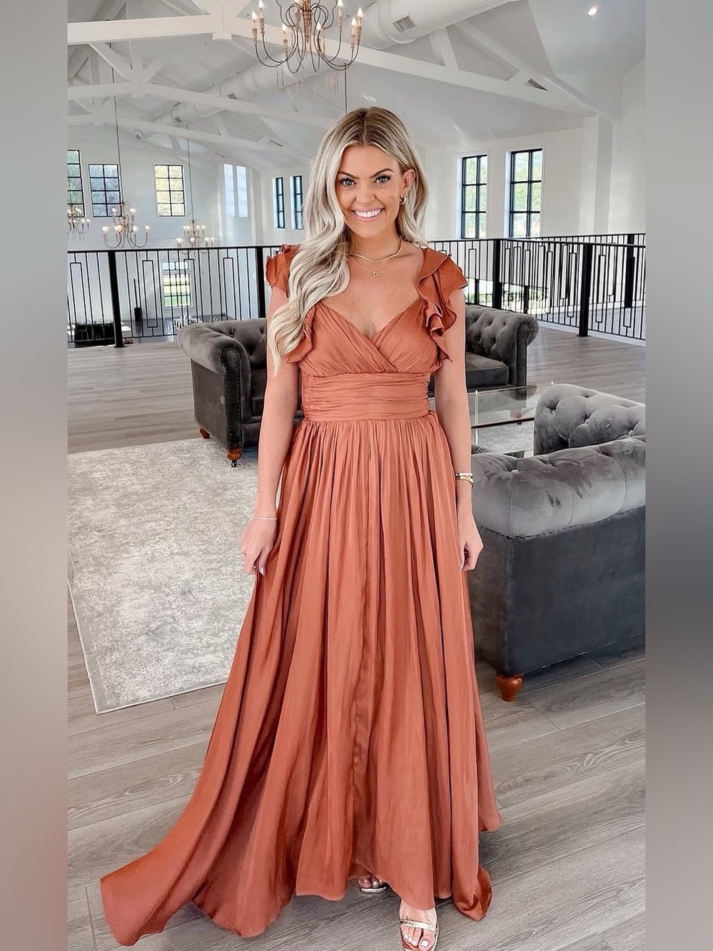 Ruffle-Sleeve Open Back Rust Formal Maxi Dress with Tie Waist Surplice Bodice